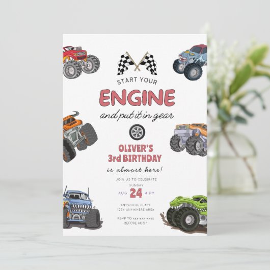 Monster truck, start your engine boy 3rd birthday einladung (Stehend Vorderseite)