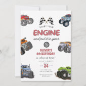 Monster truck, start your engine boy 4th birthday einladung (Vorderseite)