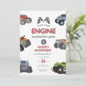 Monster truck, start your engine boy 4th birthday einladung (Stehend Vorderseite)