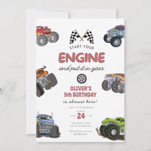 Monster truck, start your engine boy 5th birthday einladung (Vorderseite)