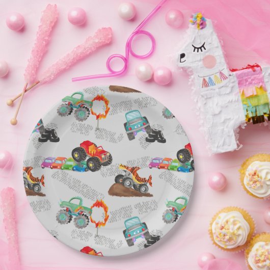 Monster Truck Stunts Aquarellmuster Grau Pappteller (Party)