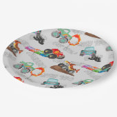 Monster Truck Stunts Aquarellmuster Grau Pappteller (Schrägansicht)