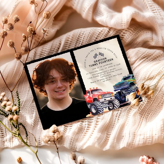 Monster Truck Themed Foto Geburtstagsparty Einladung