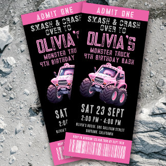 Monster Truck Ticket Girl's Birthday Party Einladung