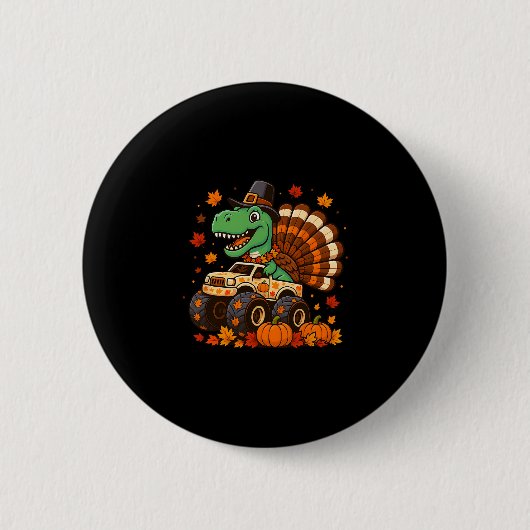 Monster Truck Trex Dinosaur Truthahn Herbst Thanks Button (Vorderseite)