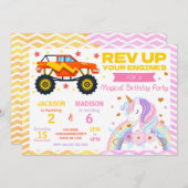 Monster Truck & Unicorn Joint Birthday Invitation Einladung (Vorne/Hinten)