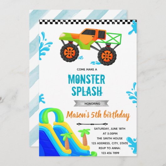 Monster Truck Wasserrutschbecken Party Einladung (Vorne/Hinten)