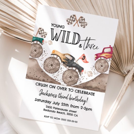 Monster Truck YOUND WILD & THREE 3rd birthday kids Einladung