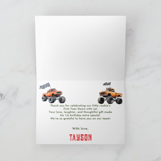 Monster Trucks 1. Geburtstag Dankeskarte (Innenseite)