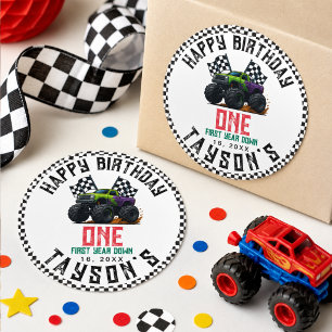 Monster Trucks 1. Geburtstags-Vroom-Party Runder Aufkleber