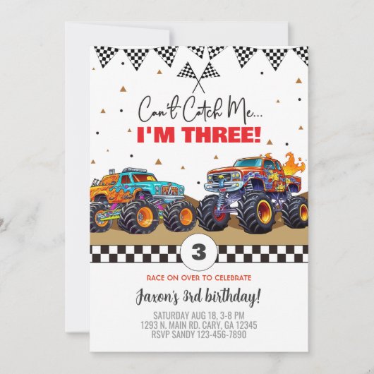 Monster trucks boy birthday invitation. invitation einladung (Vorderseite)