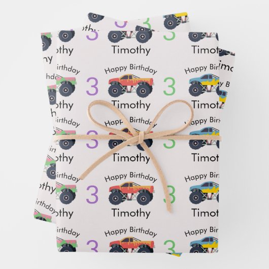 Monster Trucks Boy's Name & Age Geburtstag Geschenkpapier Set (Beispiel)