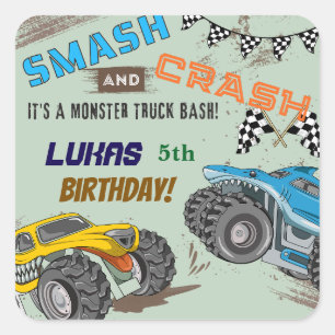 Monster Trucks Jungen-Geburtstagsfeier Quadratischer Aufkleber