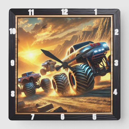 Monster Trucks Racing in einer Wüste bei Sonnenunt Quadratische Wanduhr (Vorderseite)