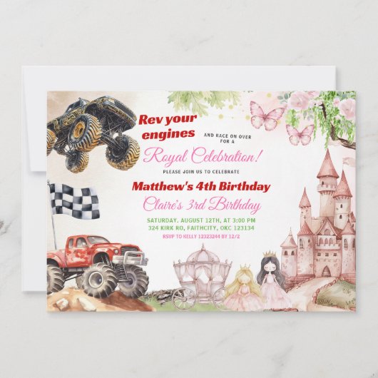 Monster Trucks und Prinzessinnen Gemeinsamer Gebur Einladung (Vorderseite)