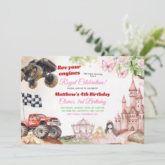 Monster Trucks und Prinzessinnen Gemeinsamer Gebur Einladung (Stehend Vorderseite)