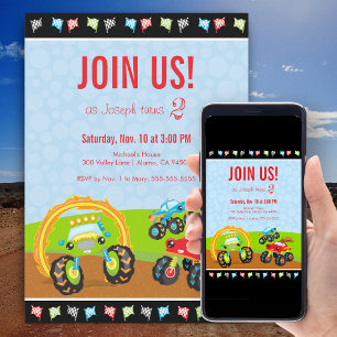 Monster Trucks und Race Flags Geburtstagsparty Einladung