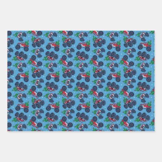Monster Trucks und Weihnachtsbaummuster Geschenkpapier Set (Vorderseite)