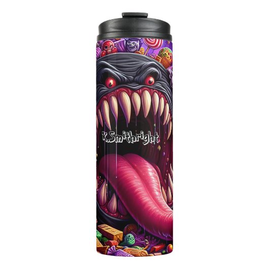 Monster umgeben von Halloween Candy Thermosbecher (Vorderseite)