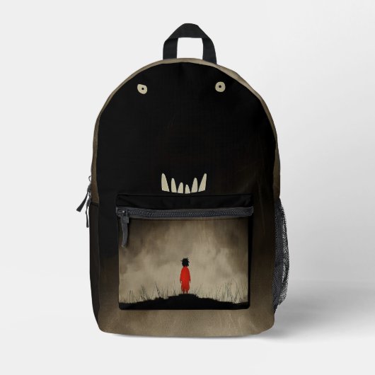 Monster und das Kind in rotem Kleid Bedruckter Rucksack (Vorderseite)