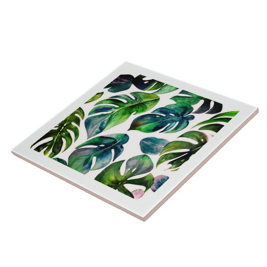 Monstera Aquarell mit Rahmen Fliese (Seite)