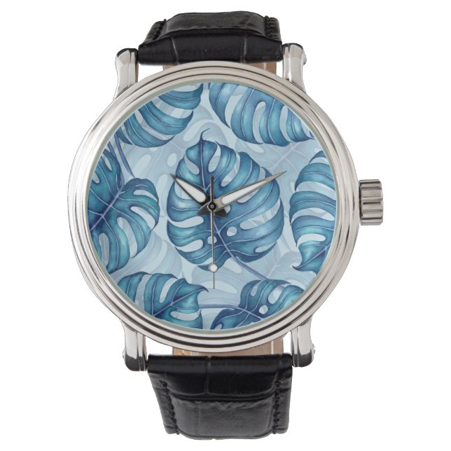 Monstera Aquarellmuster blau Armbanduhr (Vorderseite)