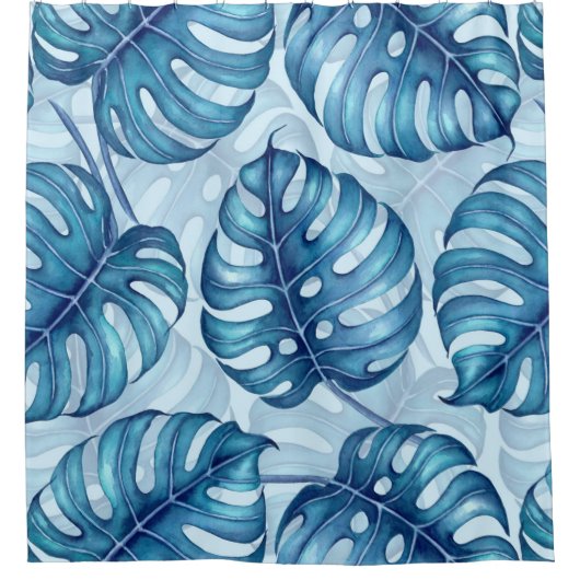 Monstera Aquarellmuster blau Duschvorhang (Vorderseite)