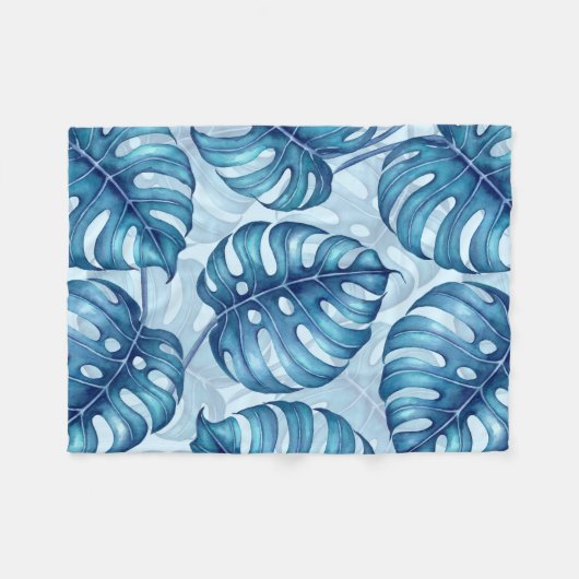 Monstera Aquarellmuster blau Fleecedecke (Vorderseite (Horizontal))