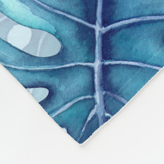 Monstera Aquarellmuster blau Fleecedecke (Ecke)