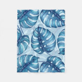 Monstera Aquarellmuster blau Fleecedecke (Vorderseite)