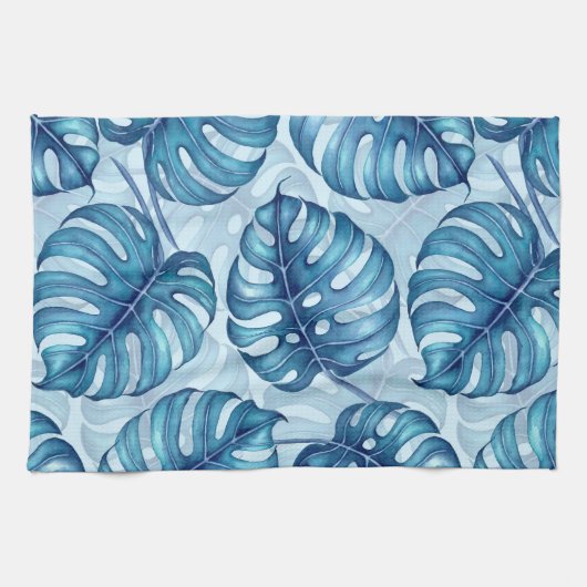 Monstera Aquarellmuster blau Geschirrtuch (Horizontal)