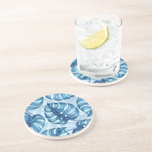 Monstera Aquarellmuster blau Getränkeuntersetzer (Seite)