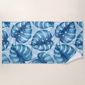 Monstera Aquarellmuster blau Strandtuch (Vorderseite)