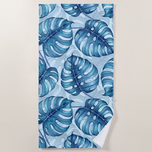 Monstera Aquarellmuster blau Strandtuch (Vorderseite)