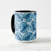Monstera Aquarellmuster blau Tasse (Vorderseite Links)