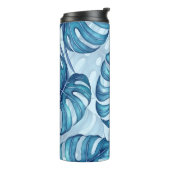 Monstera Aquarellmuster blau Thermosbecher (Nach links gedreht)
