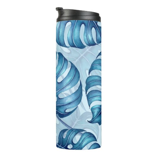 Monstera Aquarellmuster blau Thermosbecher (Nach rechts gedreht)