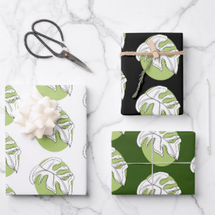 Monstera-Blatt Abstracte Pflanzenillustration Grün Geschenkpapier Set