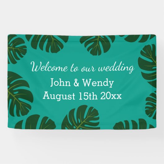 Monstera-Blatt-Design Strand-Hochzeit-Willkommensb Banner (Horizontal)