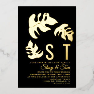Monstera-Blatt-Hochzeitspresse Schwarz Folieneinladung