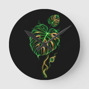 Monstera-Blatt - Neon Grün und Rauchgold Runde Wanduhr