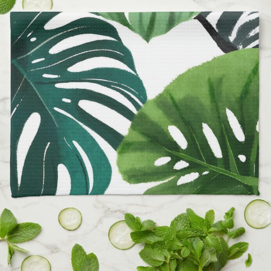 Monstera-Blätter Aquarell Moderne Botanik Geschirrtuch (Gefaltet)