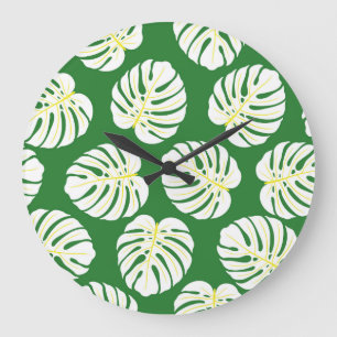 Monstera-Blätter, dunkelgrün vintage. Große Wanduhr
