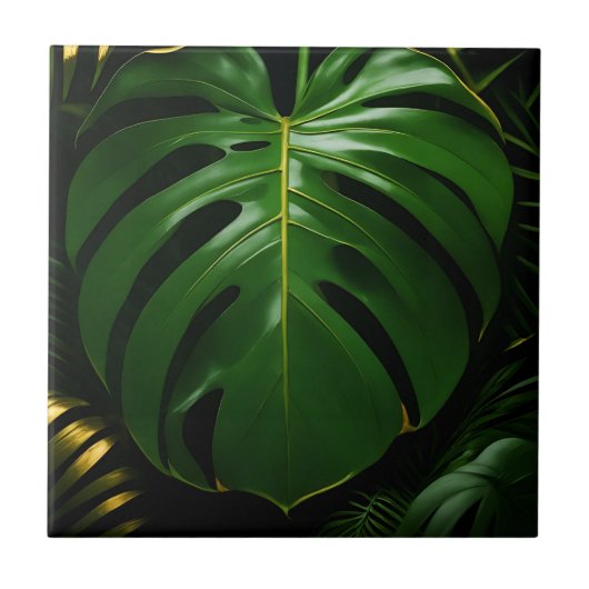 Monstera Blätter Gold Jungle Glamour Fliese (Vorderseite)