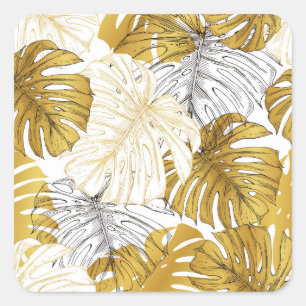 Monstera Blätter: Golden White Quadratischer Aufkleber