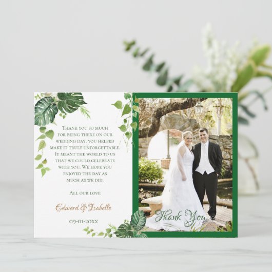 Monstera Blätter Hochzeit des tropischen grünen Wa Dankeskarte (Stehend Vorderseite)