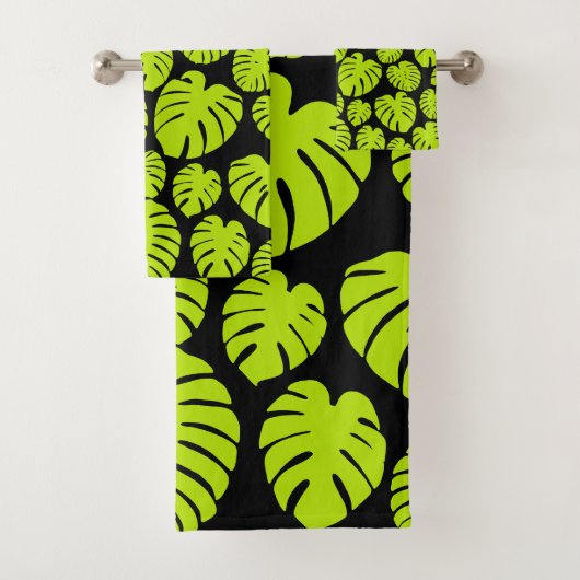 Monstera-Blätter in Lime Green und Schwarz Badhandtuch Set (Insitu)