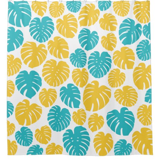 Monstera-Blätter in Türkis, Gelb und Weiß Duschvorhang (Vorderseite)