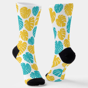 Monstera-Blätter in Türkis, Gelb und Weiß Socken