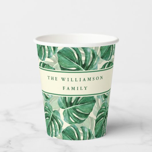 Monstera Blätter Pattern Sommer Party Mit Monogram Pappbecher (Rückseite)